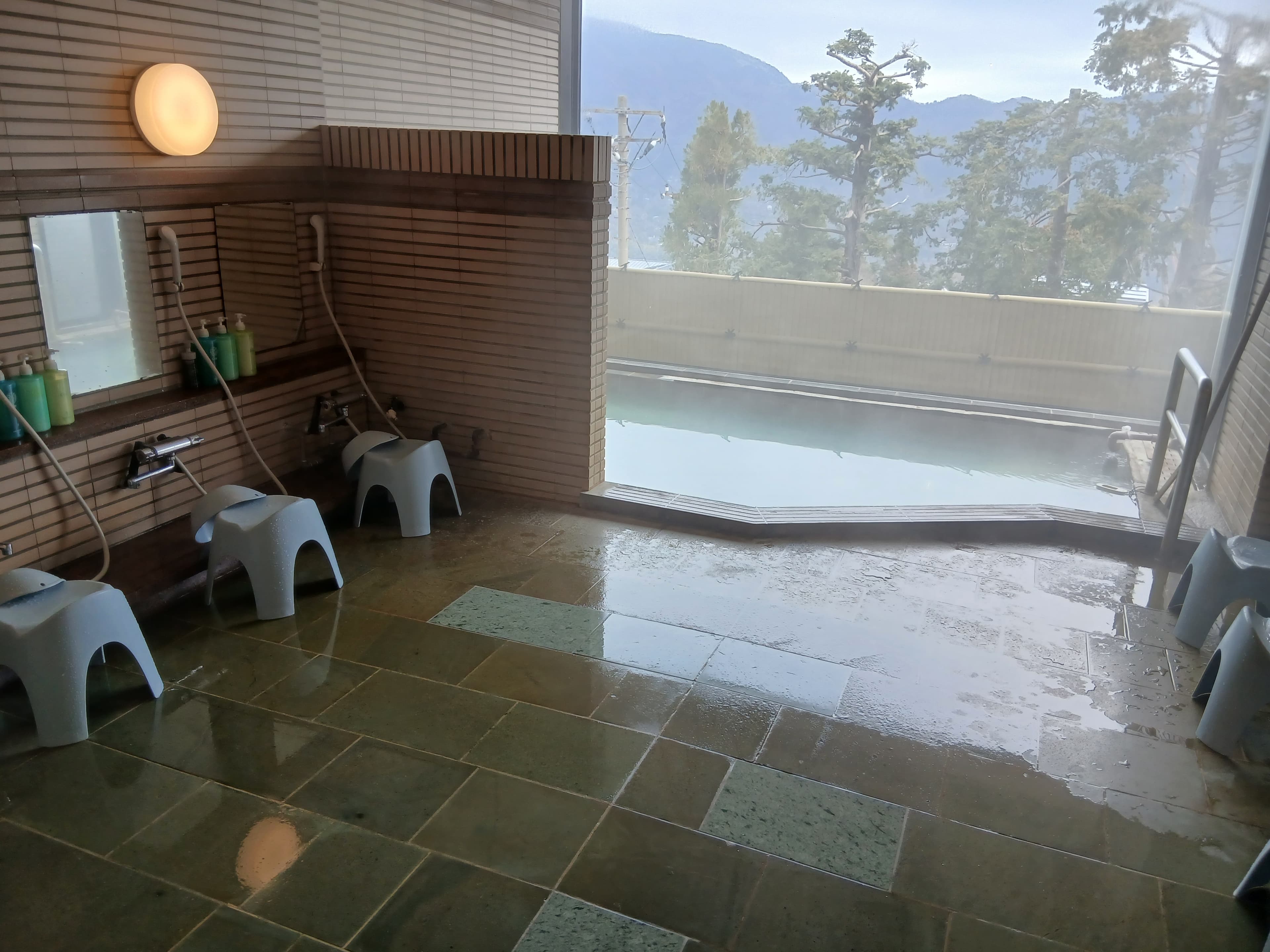 源泉かけ流しの大浴場。広々とした湯船と和の内装